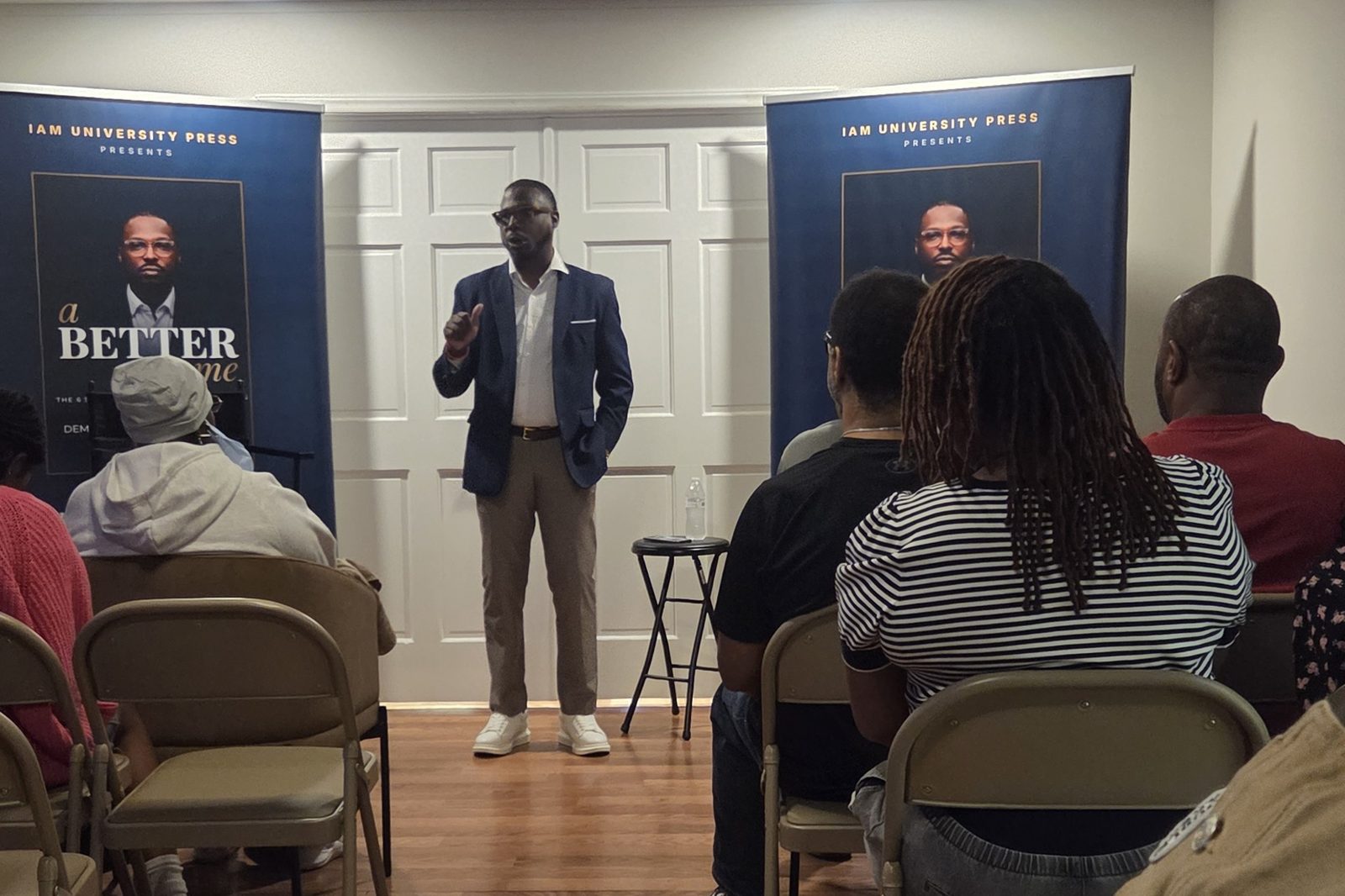 Demorrious speaking at the A Better Me launch night at IAM Studios